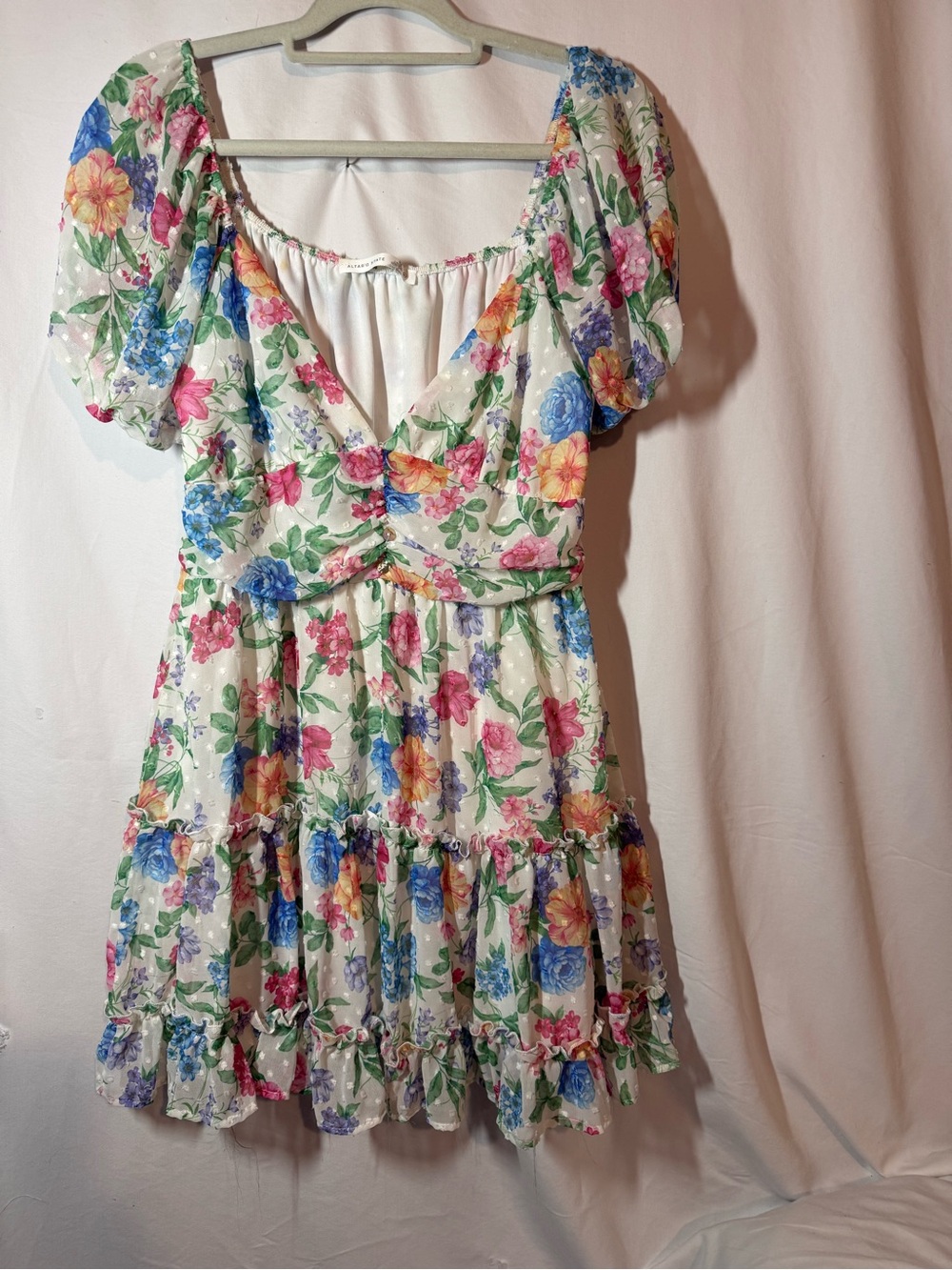Altar’d State Floral Swiss Dot Mini Dress XL Puff Sleeve Cottagecore Ruffle